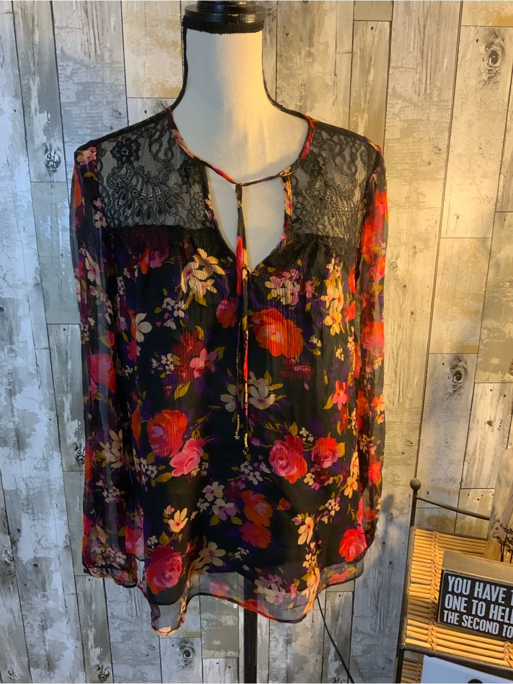 Johnny Was Black Floral Lace Yoke Sheer Blouse